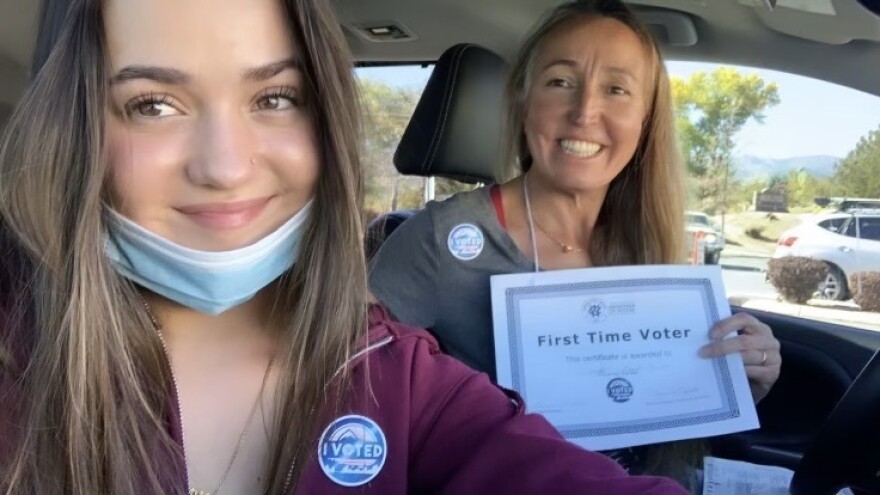 Lucia Ferrari (from left) and Daniela Bazzoli voting for the first time during the 2020 presidential election, in Reno, Nev.