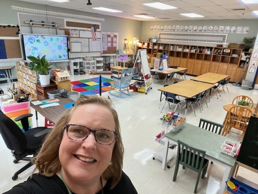 Kristen Beinecke, a teacher in Union, Missouri, takes a selfie in her transitional kindergarten classroom before the start of the 2024-25 school year.