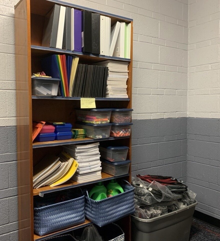 Kristi O’Meara, the McKinney-Vento liaison for Lexington Public Schools, keeps school supplies on hand for students in her offices at the high school and middle school.