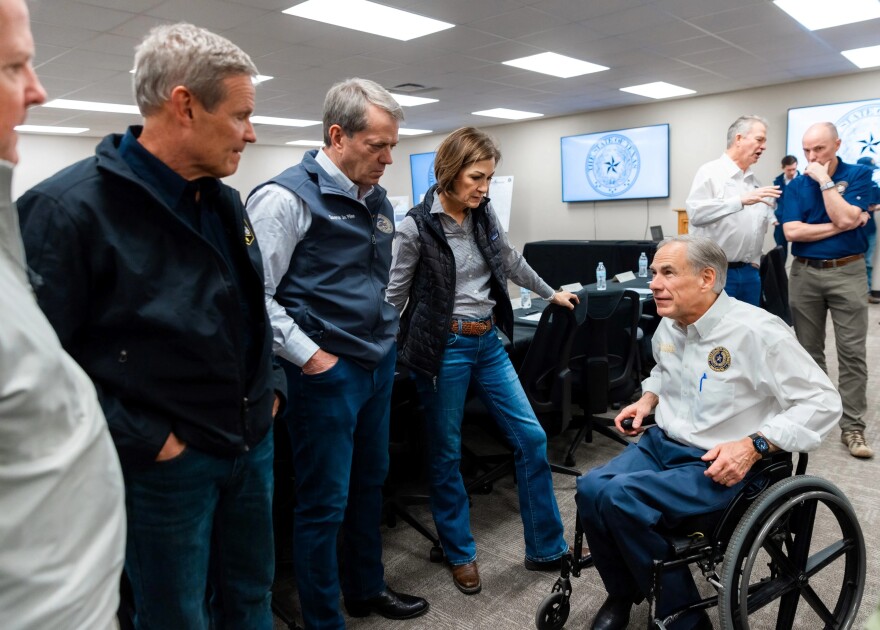 Gov. Jim Pillen of Nebraska (center) joined Texas Gov. Greg Abbott (right) and other governors on a visit to Texas in 2024 to “reaffirm” the state’s commitment to Operation Lone Star.