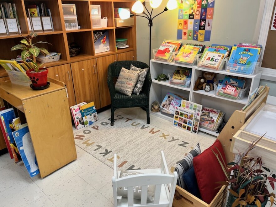 A reading corner in teacher Kristen Beinecke's transitional kindergarten classroom in Union, Missouri.