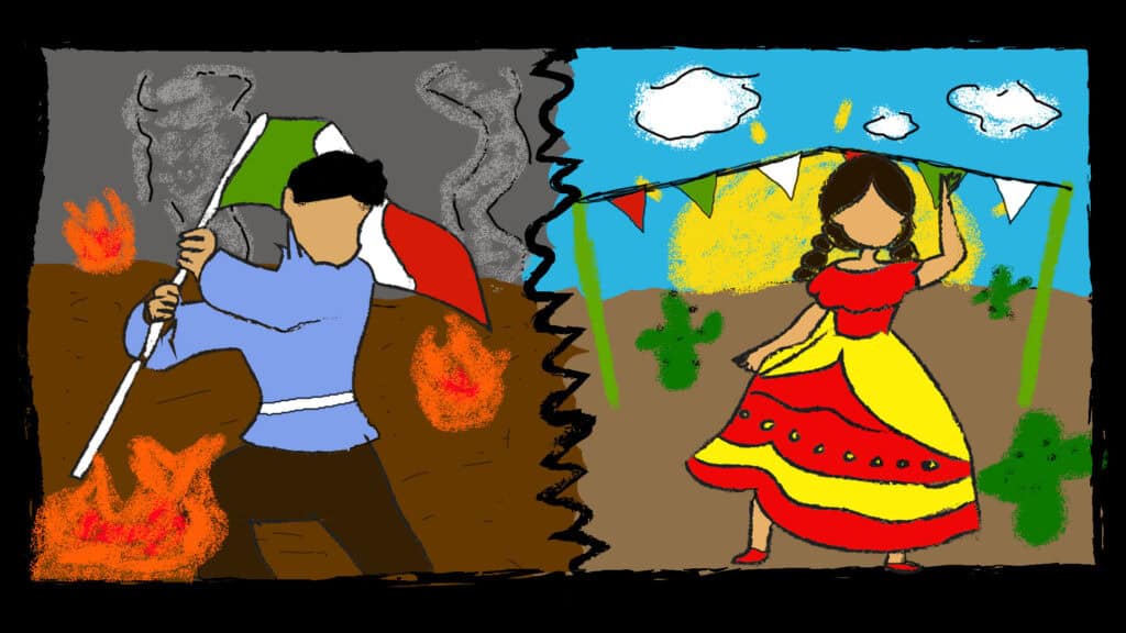 Illustration of Cinco de Mayo celebration with historical and festive elements.