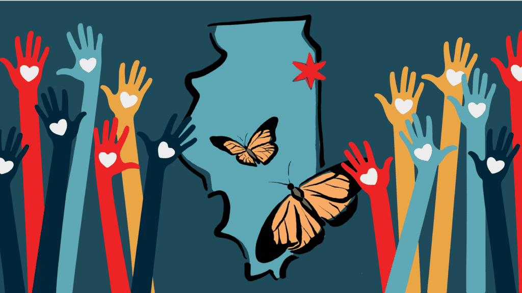 Hands reaching out around Georgia map with butterflies, symbolizing migrant support efforts.