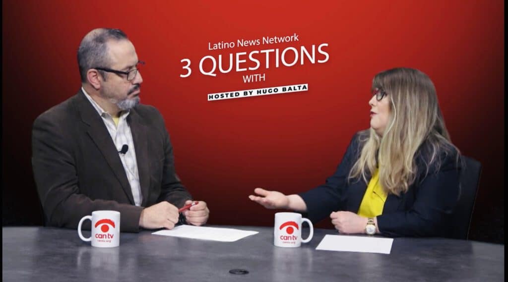 Latino News Network host and guest in discussion on CAN-TV set.