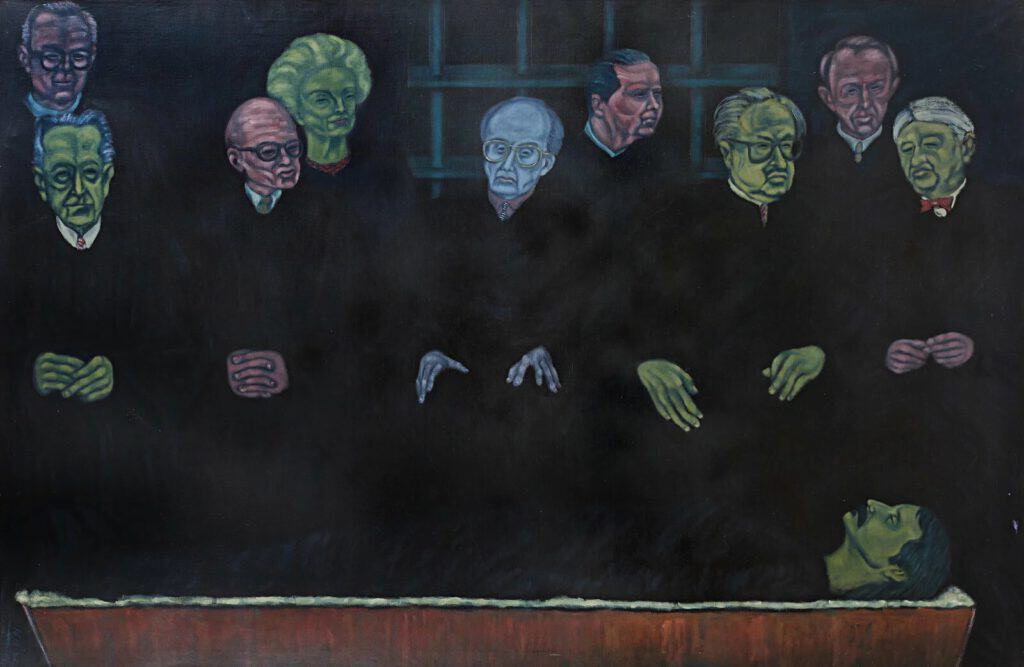 A colorful painting of diverse elderly individuals seated at a table, engaging in a serious discussi.