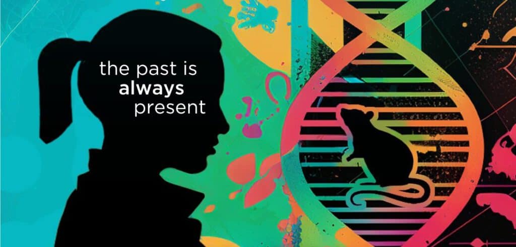 A woman silhouette contemplating her family history with colorful DNA strands and a rat symbolizing.
