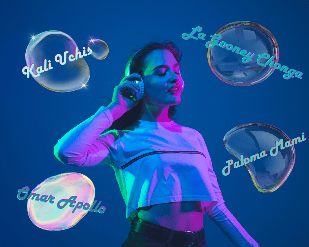 Young woman enjoying music with floating artist names around her.