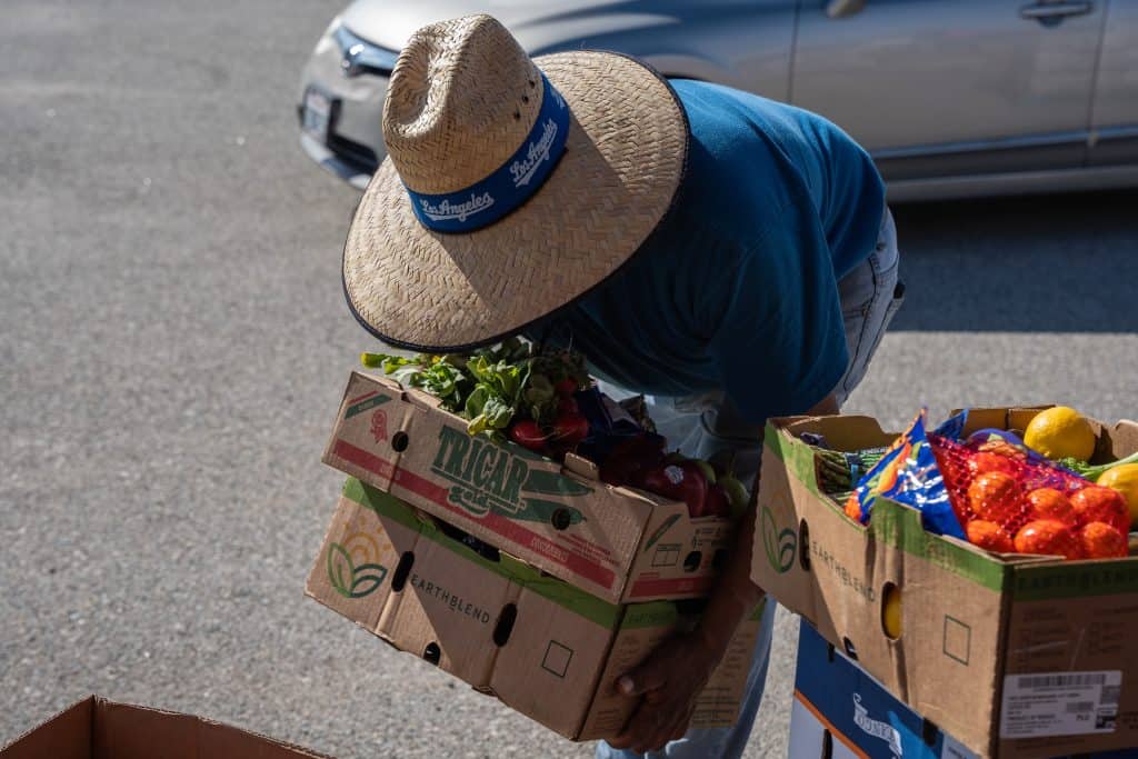 Food bank distributing fresh produce to farmworkers in need.