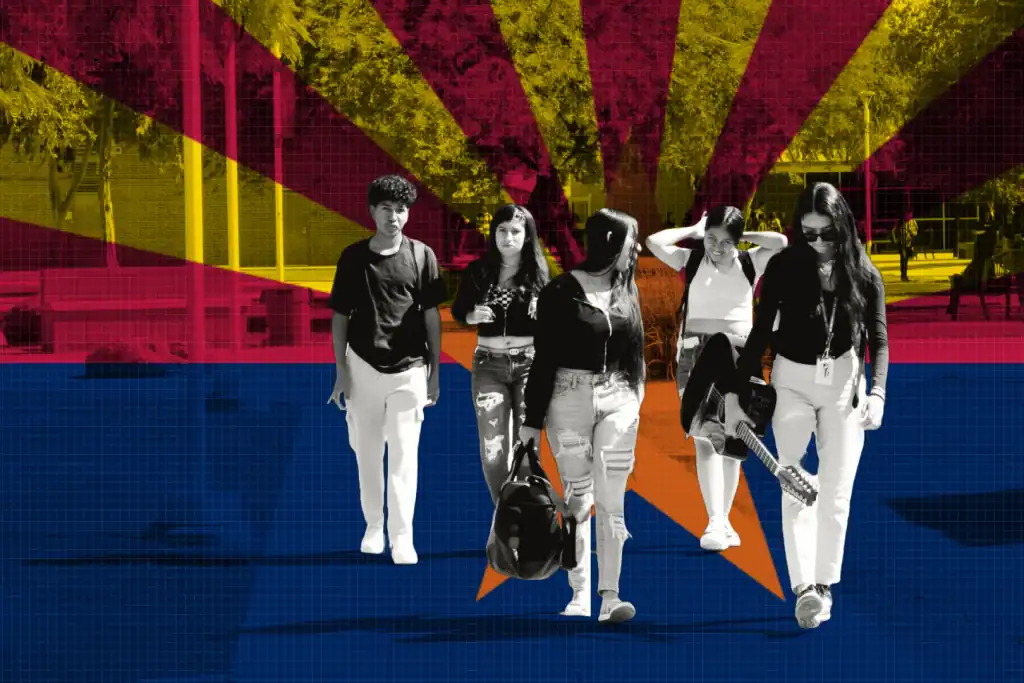 Latino students walking together on campus with colorful overlay effects.