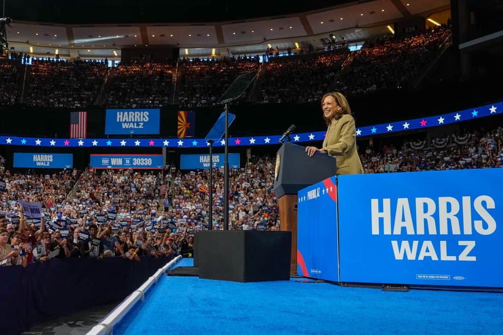 Harris speaking at the DNC rally in Chicago during the political event.