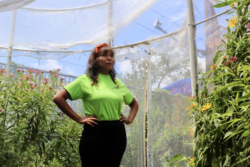 Latino woman standing confidently among lush plants in a greenhouse.