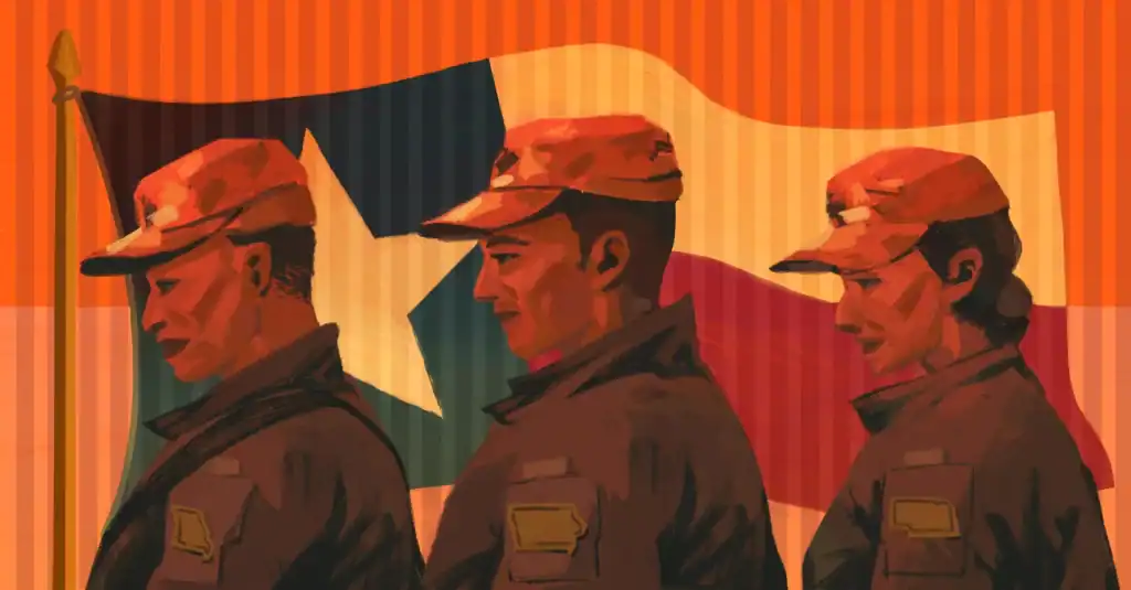 Three soldiers in uniform with a flag in the background, symbolizing border security efforts.