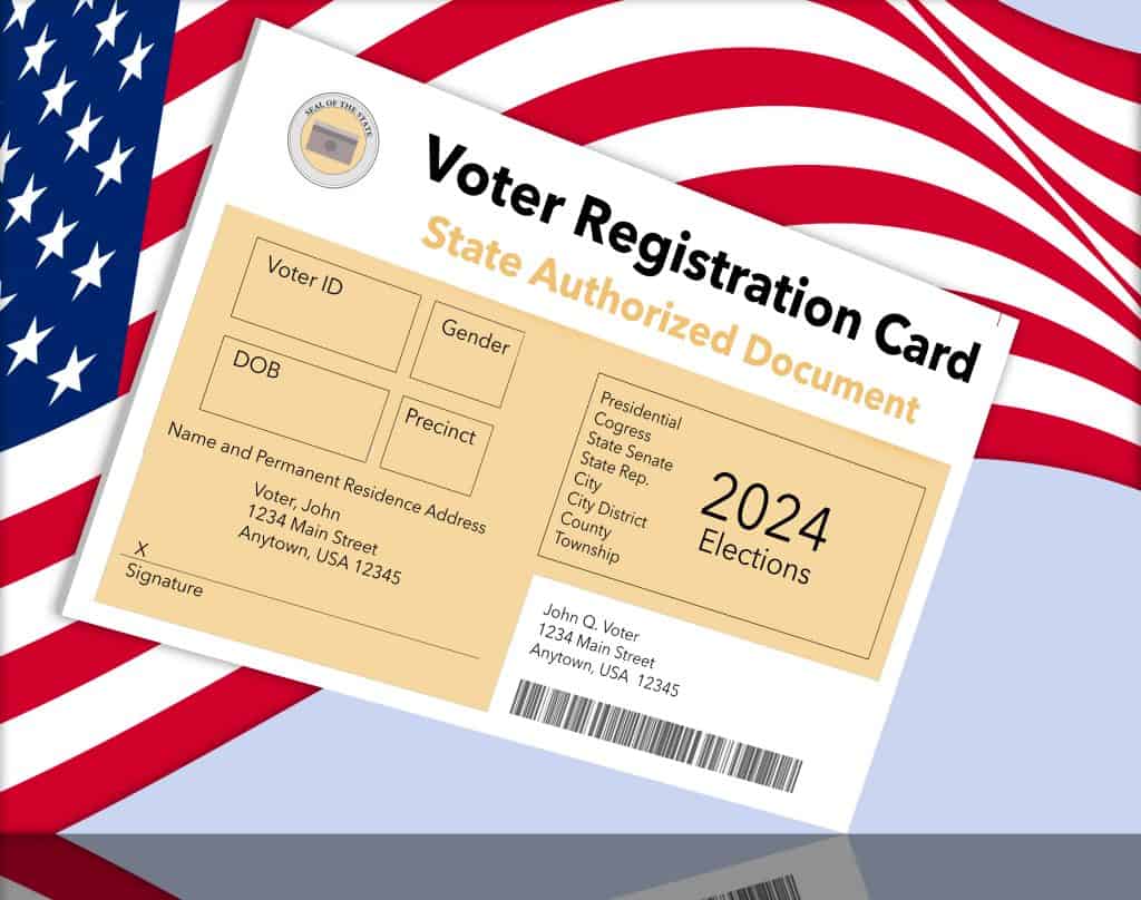 Texas voter registration card with American flag background, 2024 election info.
