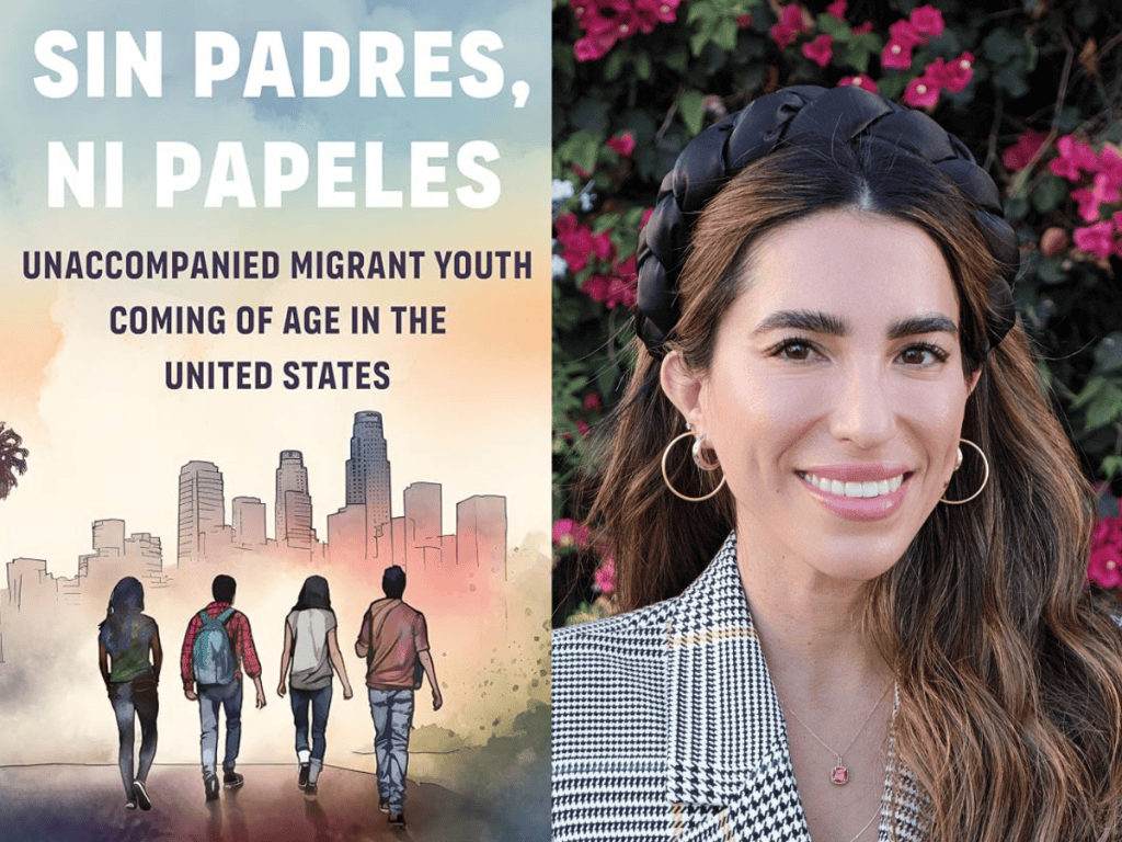 Unaccompanied migrant youth walking towards the US, promoting 'Sin Padres, Ni Papeles' book.