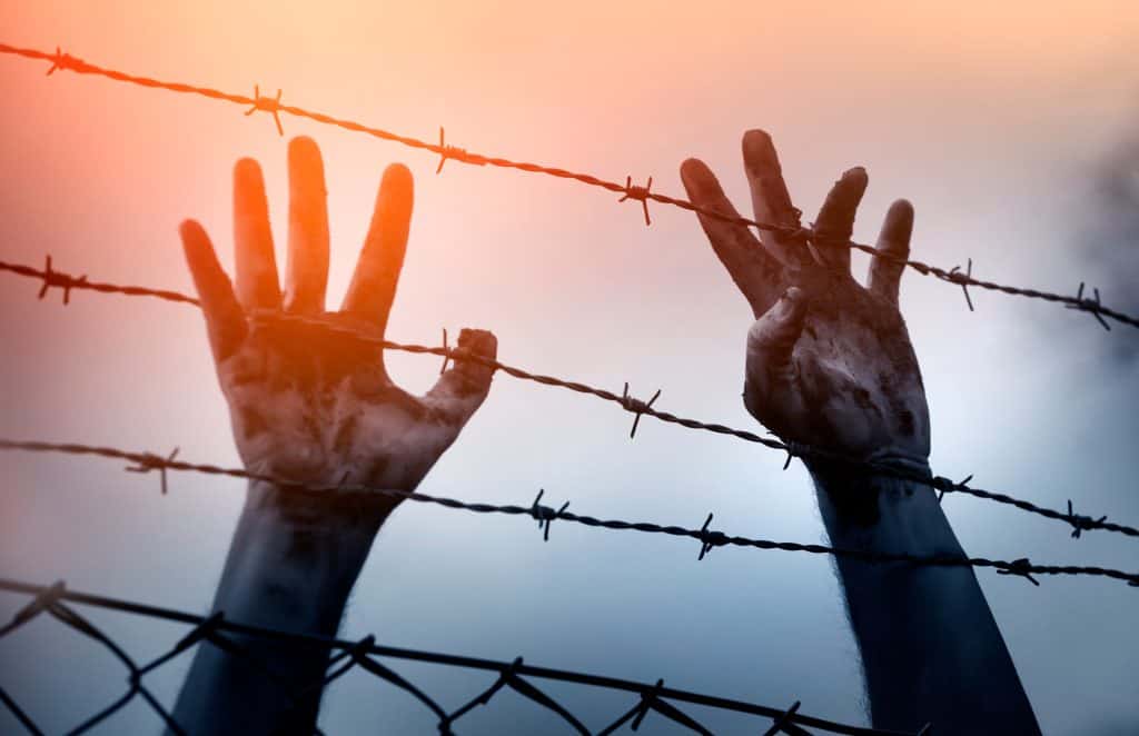 Immigrant hands grasping barbed wire at sunset, symbolizing fear and uncertainty in New York.