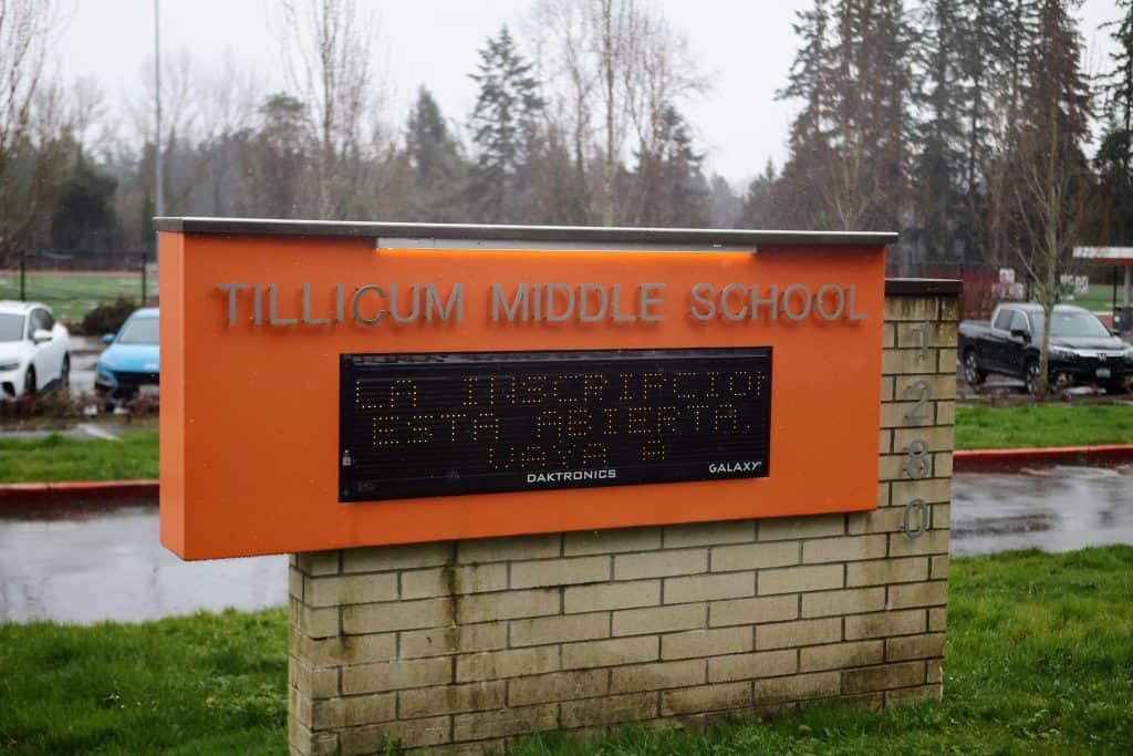 School sign at Tillicum Middle School highlighting concerns over ICE raids in Washington.