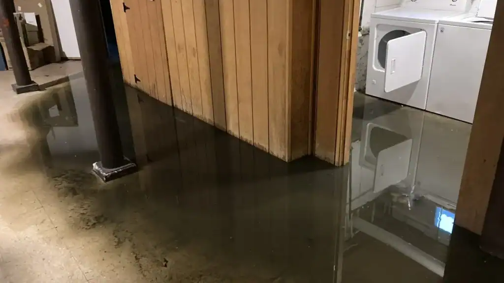 Flooded laundry room with water on the floor due to Illinois city flooding issues.