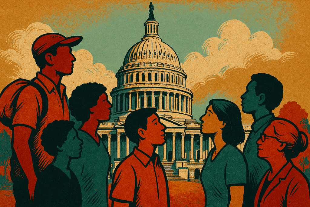 Diverse group of Americans protesting in front of the U.S. Capitol building.