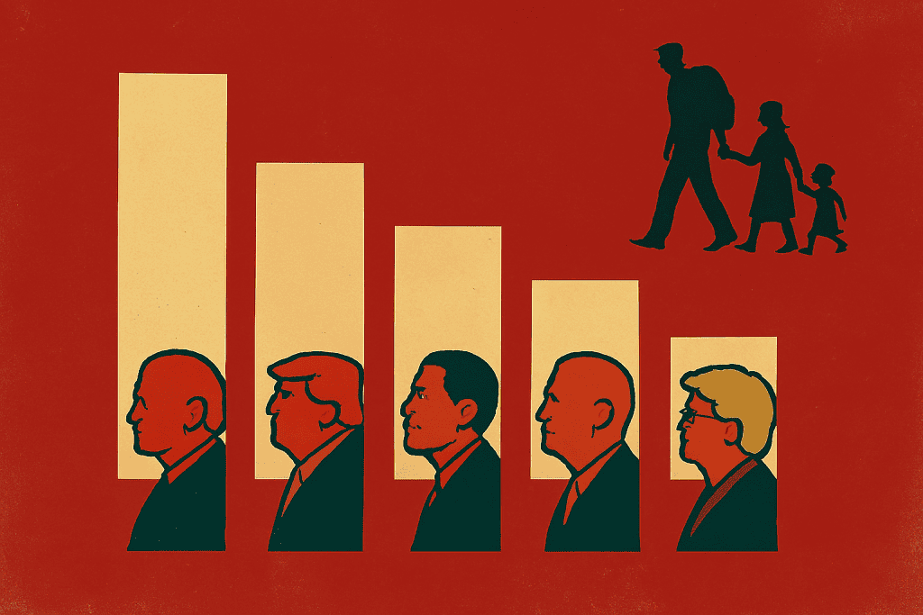 Illustration of declining deportations across five U.S. presidents with a family walking in the back.