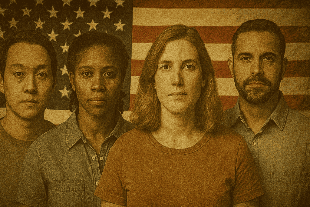 Immigration activists stand in front of American flags advocating for fair census inclusion.