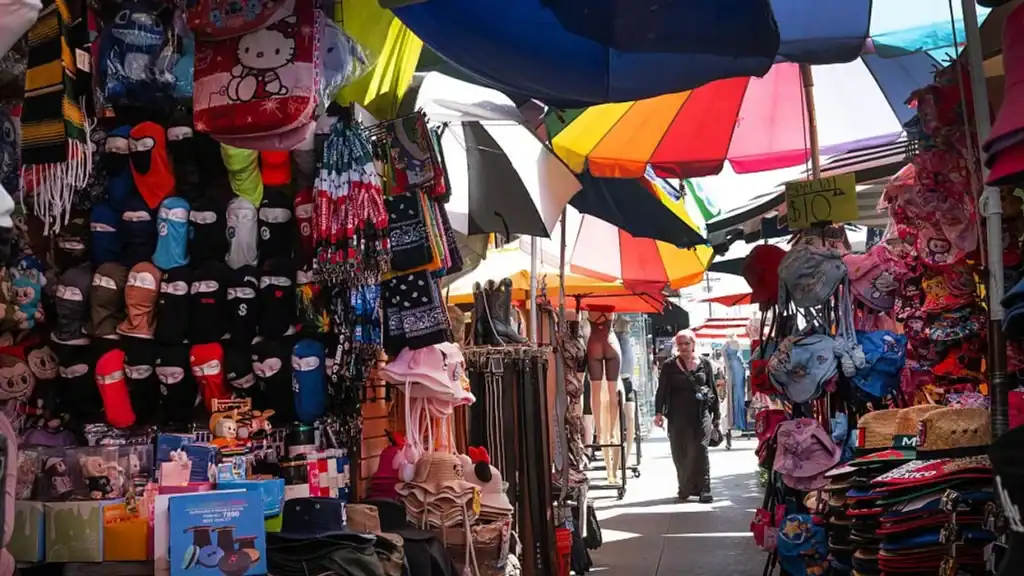 Colorful market stalls with umbrellas and clothing displays in Los Angeles.