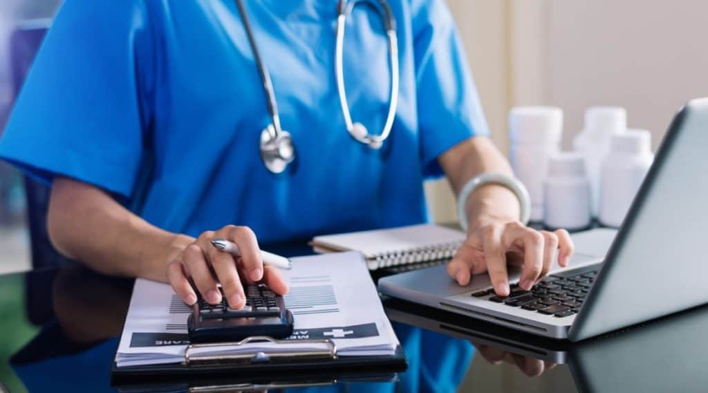 COVID-19 testing and healthcare professional in a clinical setting.