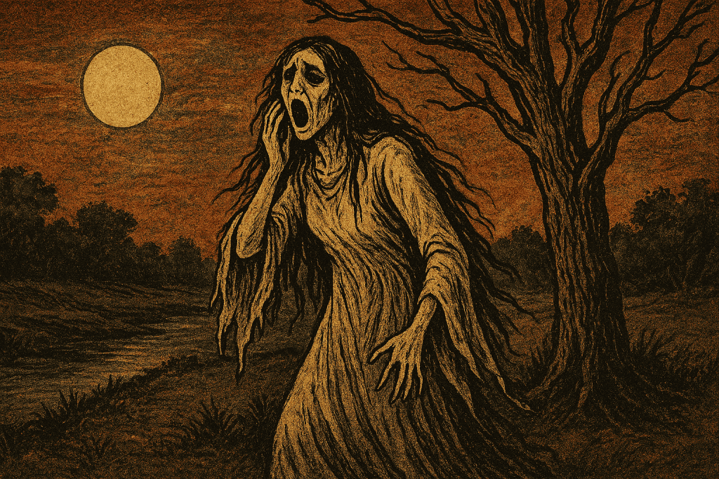 A haunting depiction of La Llorona crying under a full moon in a dark, eerie landscape.