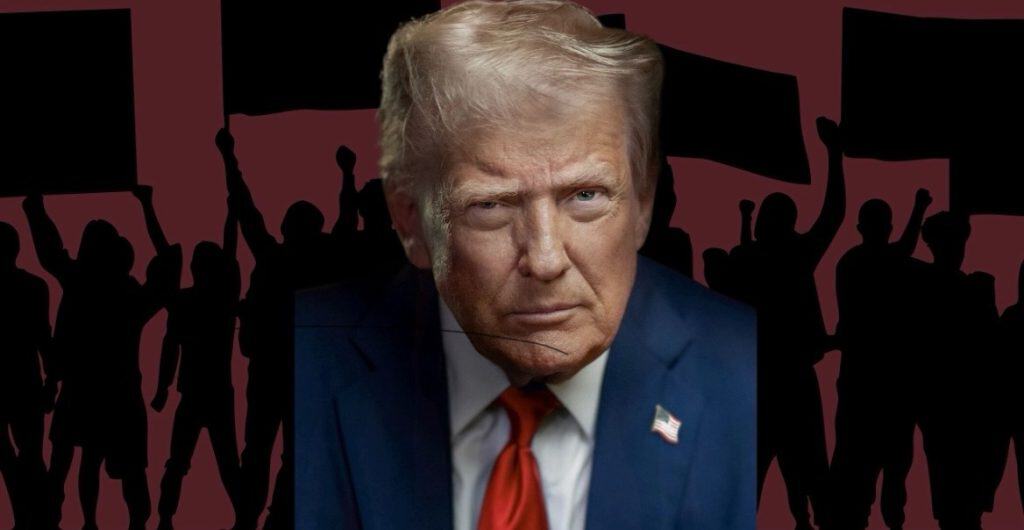 Trump depicted with a serious expression, with protest silhouettes in the background.