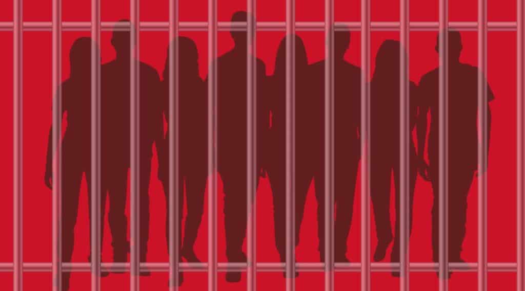 Immigration detention center with silhouetted figures behind bars, highlighting immigration enforcem.