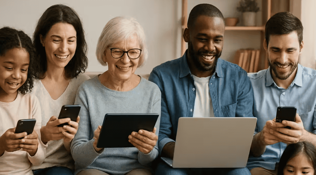 A diverse group of people using digital devices to access media literacy resources.