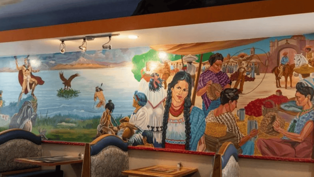 Authentic Latino mural at Cielito Lindo in Wisconsin celebrating Latino culture and traditions.