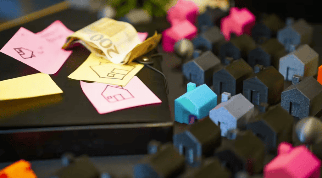 Affordable housing crisis in Texas with scattered miniature houses and money notes.