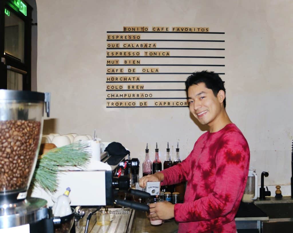 Latino barista preparing coffee at Bonito Café in Washington, D.C.
