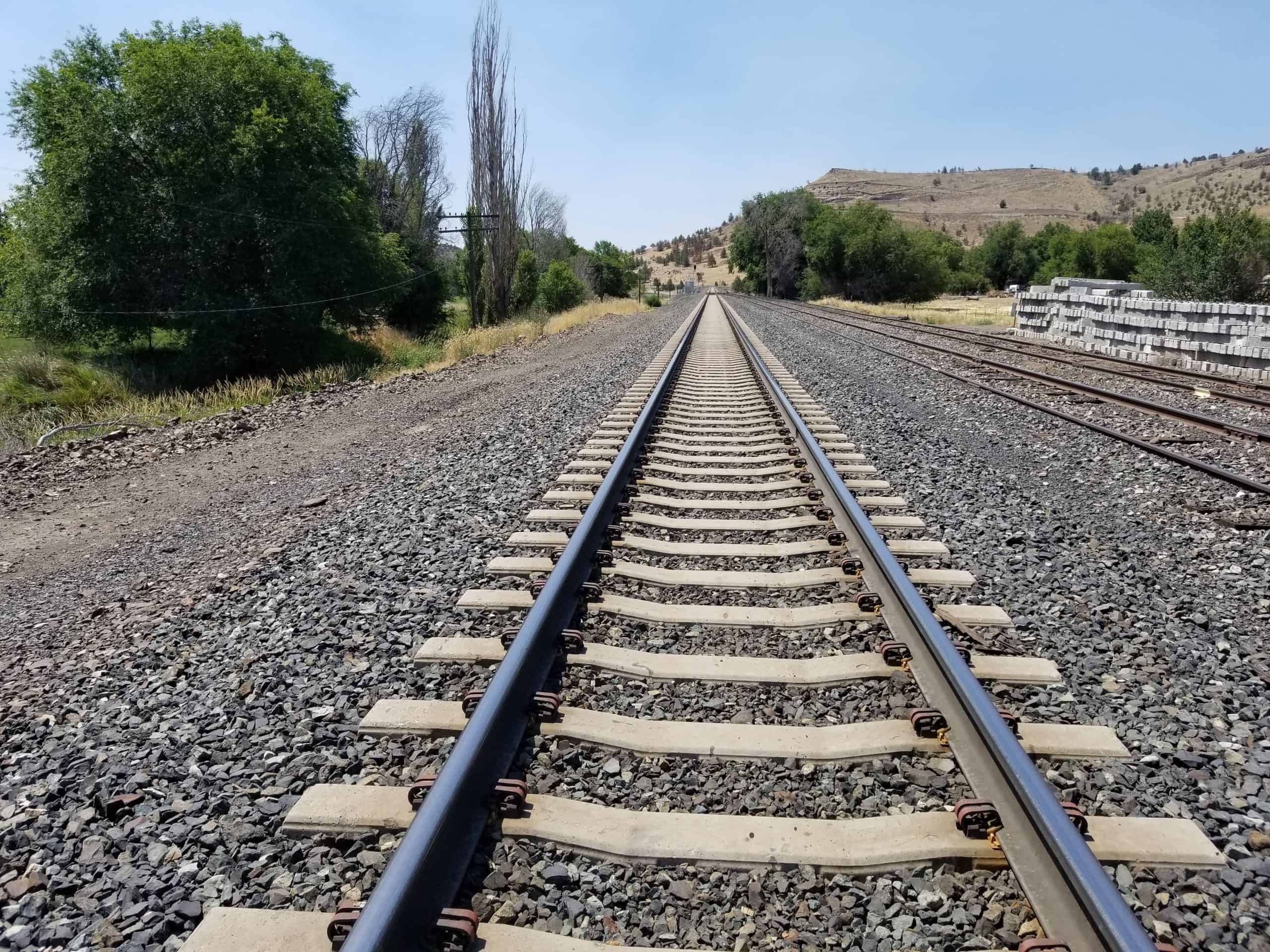 Railroad tracks stretching into the horizon surrounded by lush greenery in Oregon, USA.