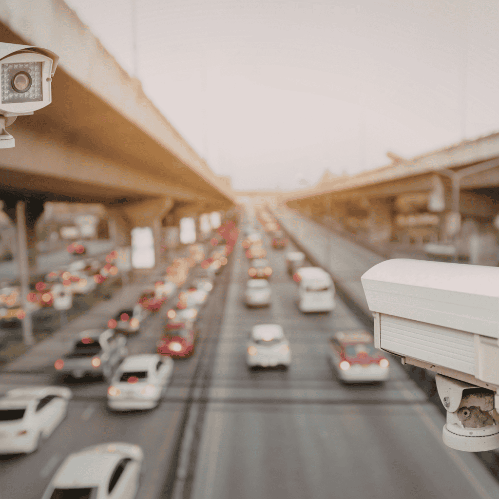 CCTV traffic camera monitoring busy highway traffic in Los Angeles during rush hour.