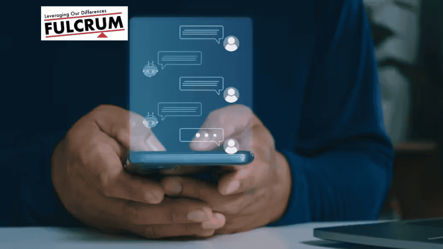 Person using a smartphone with chat bubbles and icons on screen.