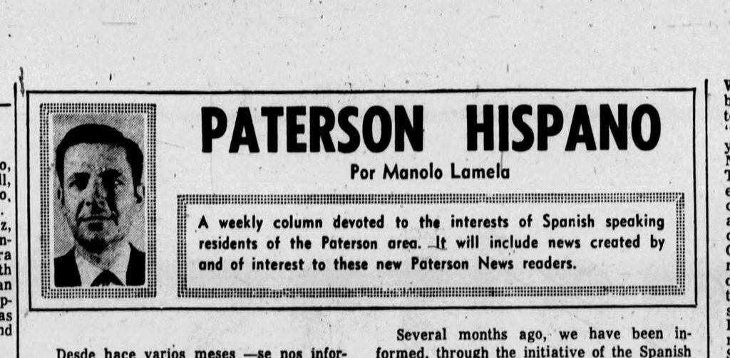 Historical newspaper clipping about Paterson Hispano by Manolo Lamela.