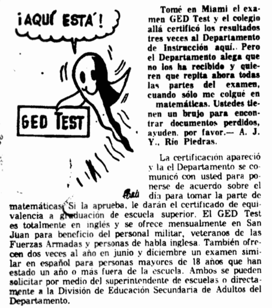 Cartoon ghost holding a GED Test sign with speech bubble in Spanish.