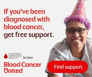 Celebration of blood cancer awareness with a smiling woman wearing a party hat.