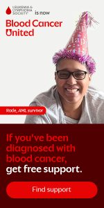 Woman wearing birthday hat celebrating blood cancer awareness and support.